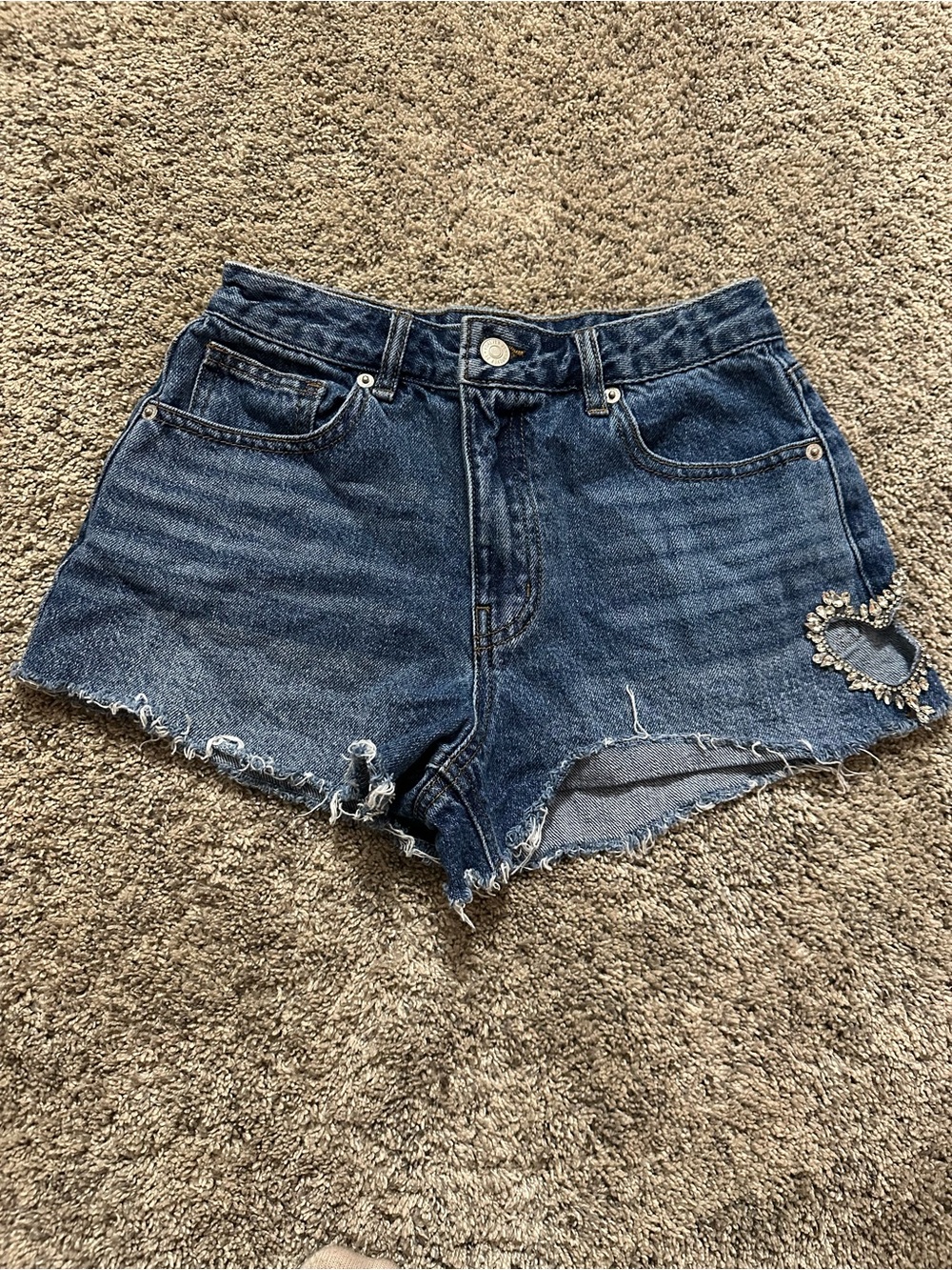 Forever 21 Dark Blue Distressed Denim Shorts with Rhinestone Heart Accent